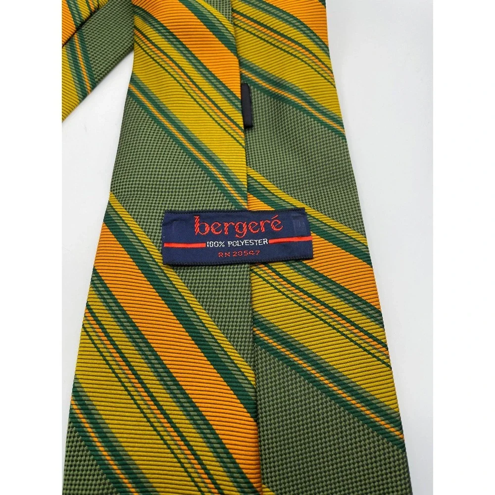 Vintage Bergere Mens Tie Olive Green Orange Yellow Diagonal Striped Retro 70s